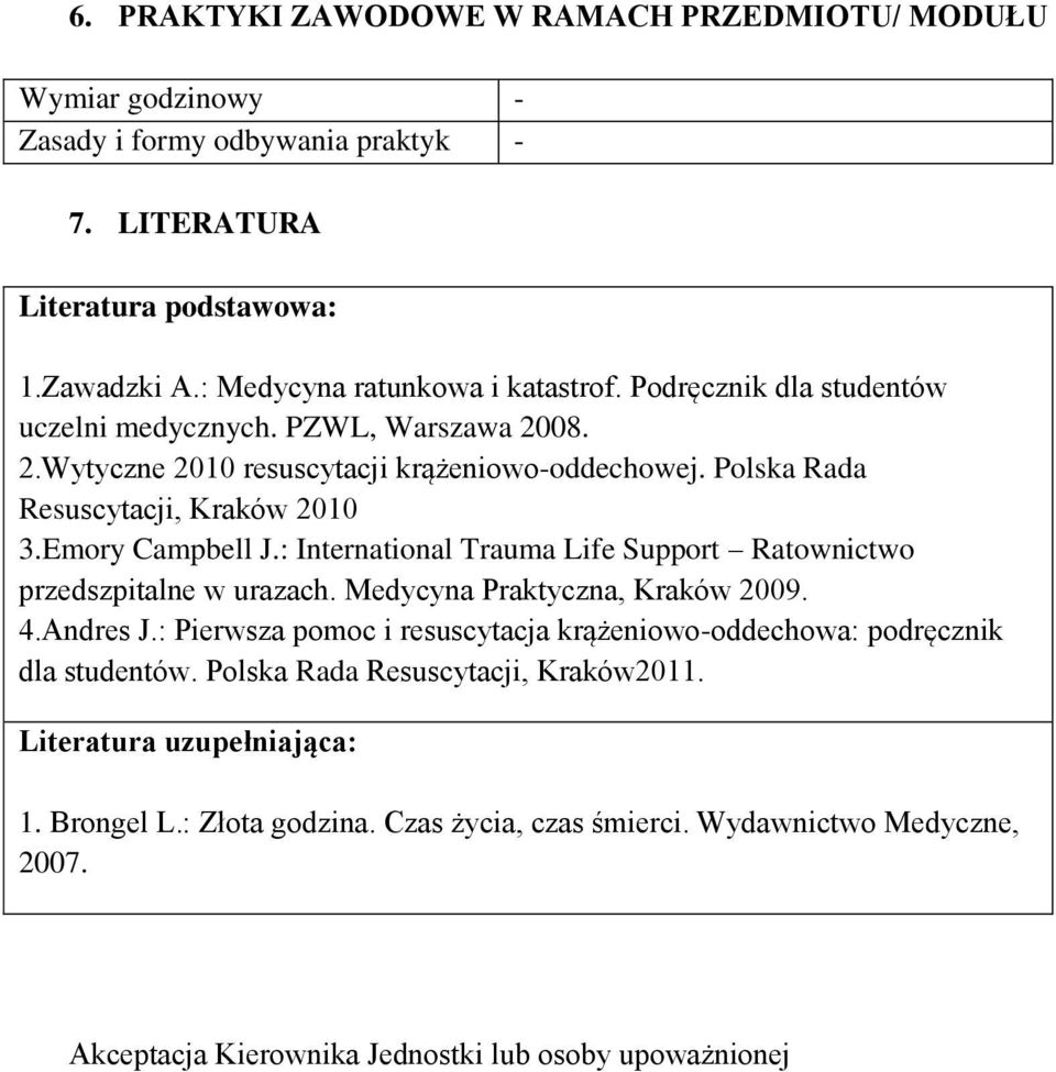 : International Trauma Life Support Ratownictwo przedszpitalne w urazach. Medycyna Praktyczna, Kraków 2009. 4.Andres J.