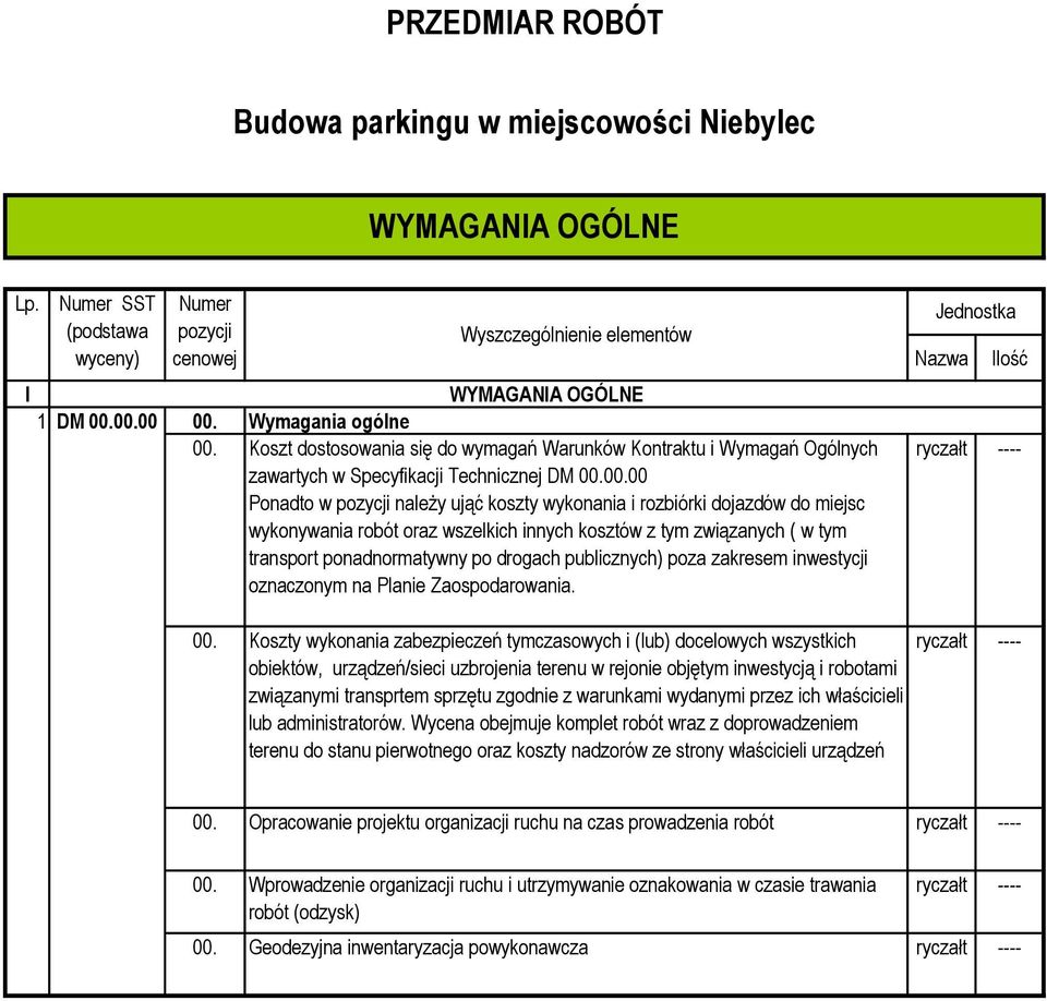 rozbiórki dojazdów do miejsc wykonywania robót oraz wszelkich innych kosztów z tym związanych ( w tym transport ponadnormatywny po drogach publicznych) poza zakresem inwestycji oznaczonym na Planie