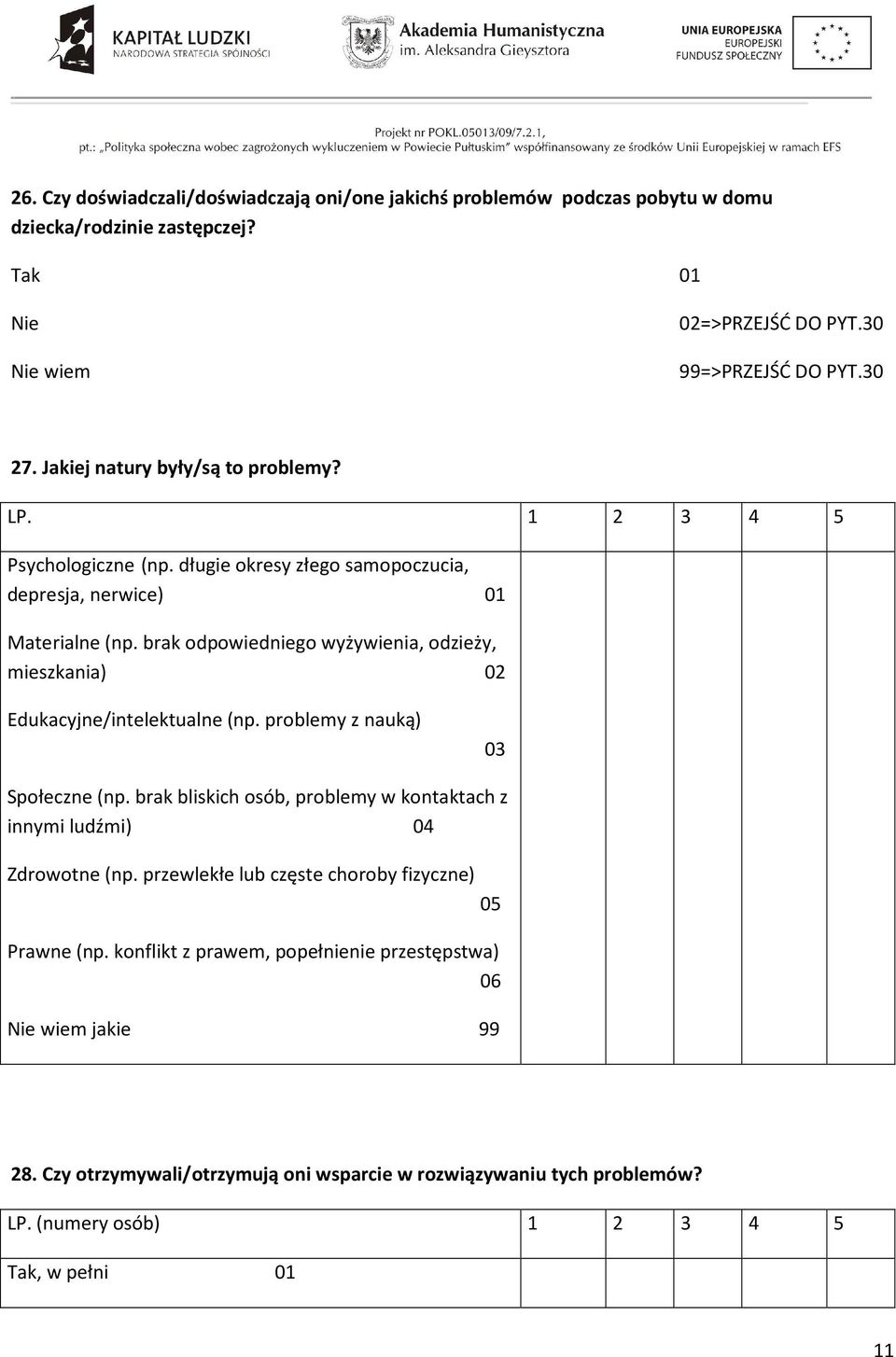 brak odpowiedniego wyżywienia, odzieży, mieszkania) 02 Edukacyjne/intelektualne (np. problemy z nauką) 03 Społeczne (np.