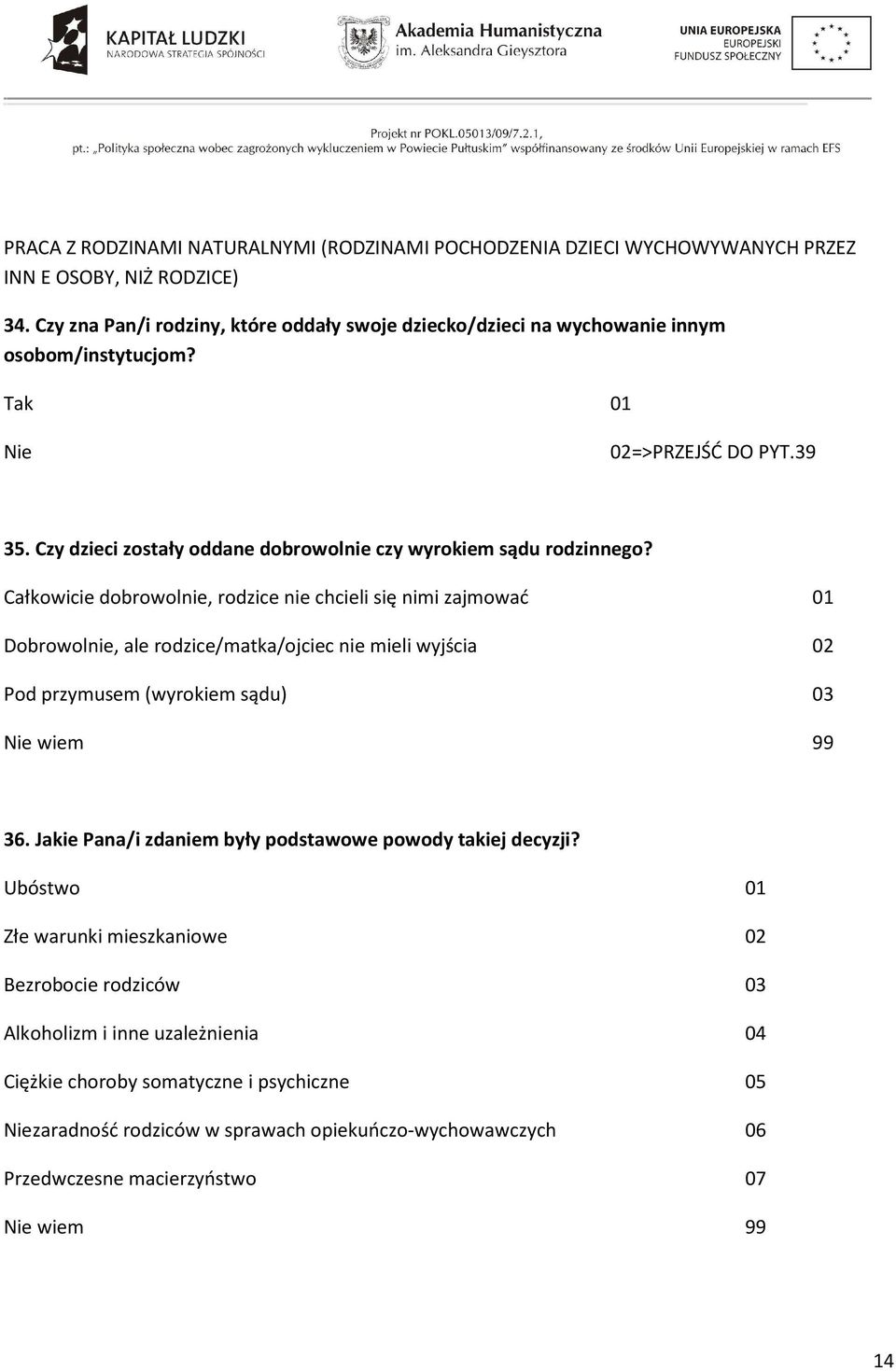 Całkowicie dobrowolnie, rodzice nie chcieli się nimi zajmować 01 Dobrowolnie, ale rodzice/matka/ojciec nie mieli wyjścia 02 Pod przymusem (wyrokiem sądu) 03 Nie wiem 99 36.