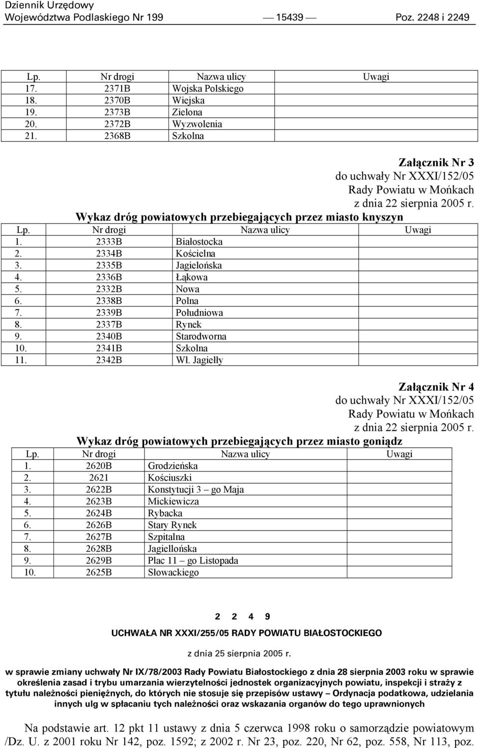 2333B Białostocka 2. 2334B Kościelna 3. 2335B Jagielońska 4. 2336B Łąkowa 5. 2332B Nowa 6. 2338B Polna 7. 2339B Południowa 8. 2337B Rynek 9. 2340B Starodworna 10. 2341B Szkolna 11. 2342B Wł.