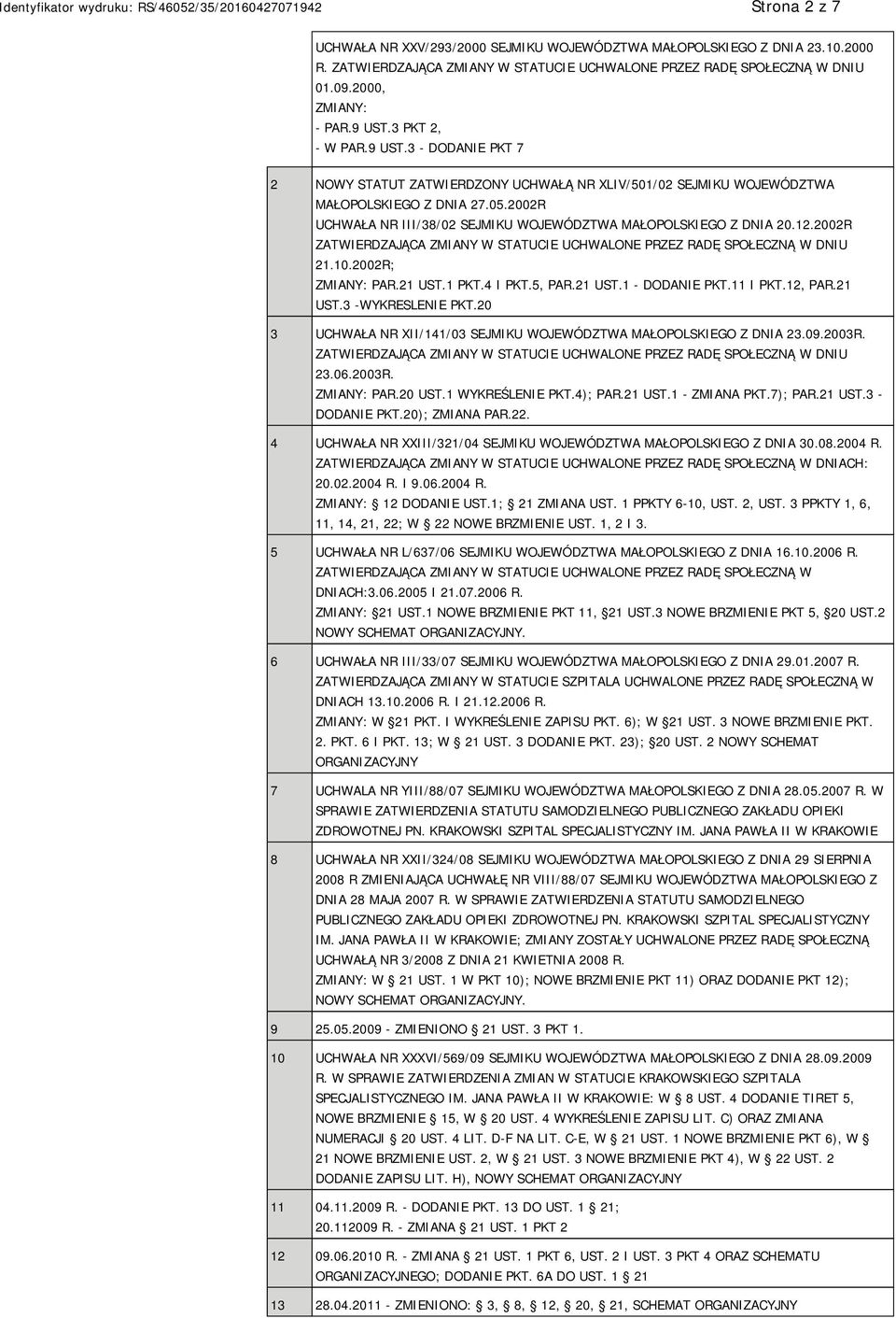 2002R UCHWAŁA NR III/38/02 SEJMIKU WOJEWÓDZTWA MAŁOPOLSKIEGO Z DNIA 20.12.2002R ZATWIERDZAJĄCA ZMIANY W STATUCIE UCHWALONE PRZEZ RADĘ SPOŁECZNĄ W DNIU 21.10.2002R; ZMIANY: PAR.21 UST.1 PKT.4 I PKT.