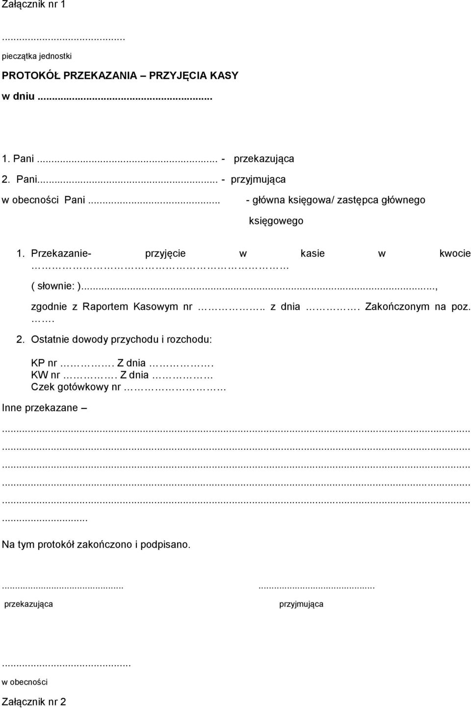 .., zgodnie z Raportem Kasowym nr.. z dnia. Zakończonym na poz.. 2. Ostatnie dowody przychodu i rozchodu: KP nr. Z dnia. KW nr.