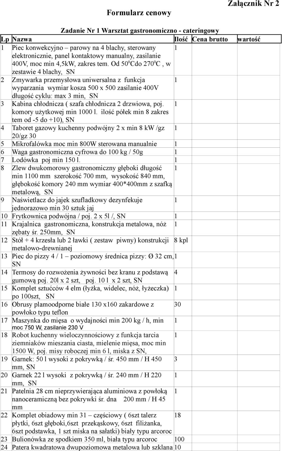 Od 50 0 Cdo 270 0 C, w zestawie 4 blachy, SN 2 Zmywarka przemysłowa uniwersalna z funkcja 1 wyparzania wymiar kosza 500 x 500 zasilanie 400V długość cyklu: max 3 min, SN 3 Kabina chłodnicza ( szafa