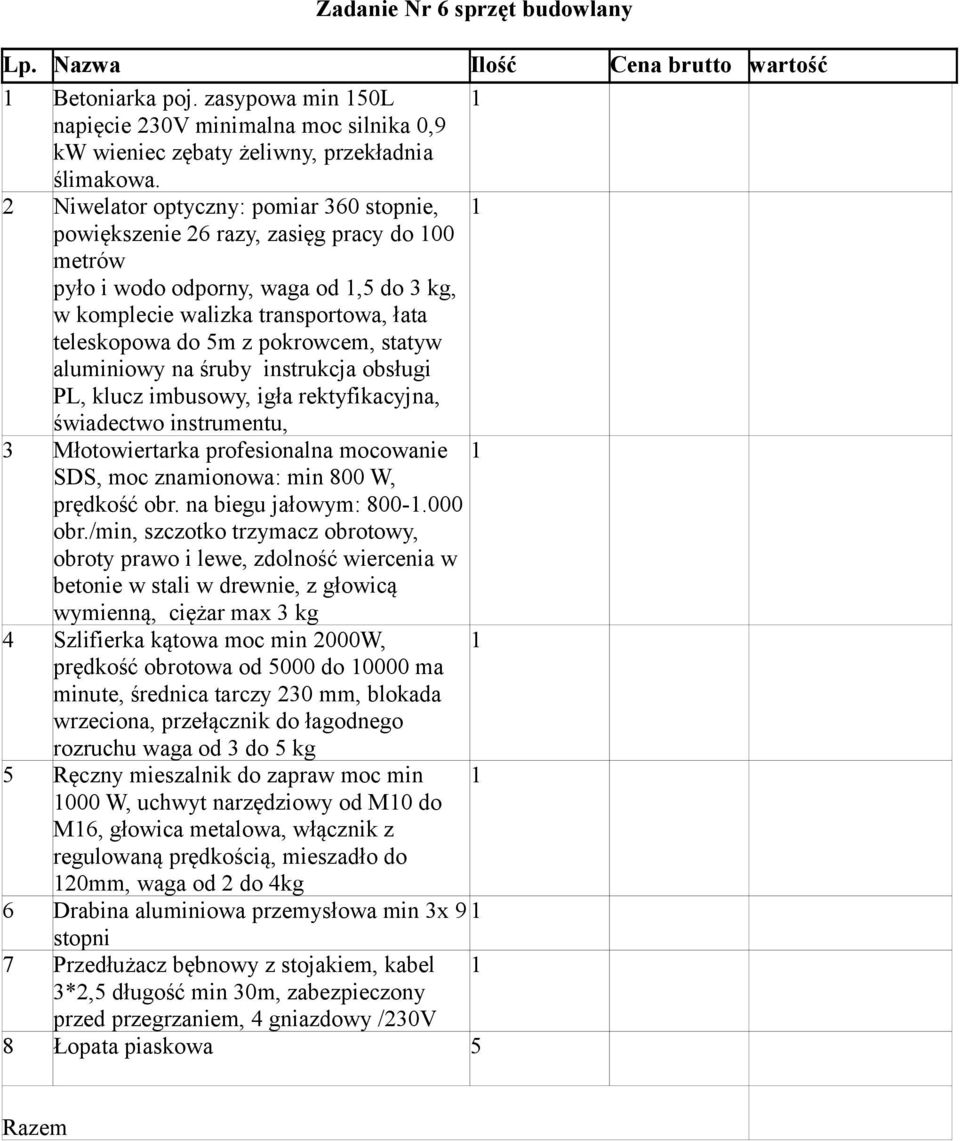pokrowcem, statyw aluminiowy na śruby instrukcja obsługi PL, klucz imbusowy, igła rektyfikacyjna, świadectwo instrumentu, 3 Młotowiertarka profesionalna mocowanie 1 SDS, moc znamionowa: min 800 W,