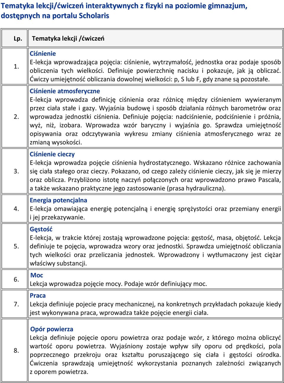 Definiuje powierzchnię nacisku i pokazuje, jak ją obliczać. Ćwiczy umiejętność obliczania dowolnej wielkości: p, S lub F, gdy znane są pozostałe.