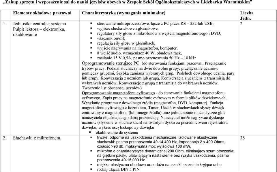 sterowanie mikroprocesorowe, łącze z PC przez RS 3 lub USB, Pulpit lektora elektronika, wyjście słuchawkowe i głośnikowe, okablowanie regulatory siły głosu z mikrofonów z wejścia magnetofonowego i