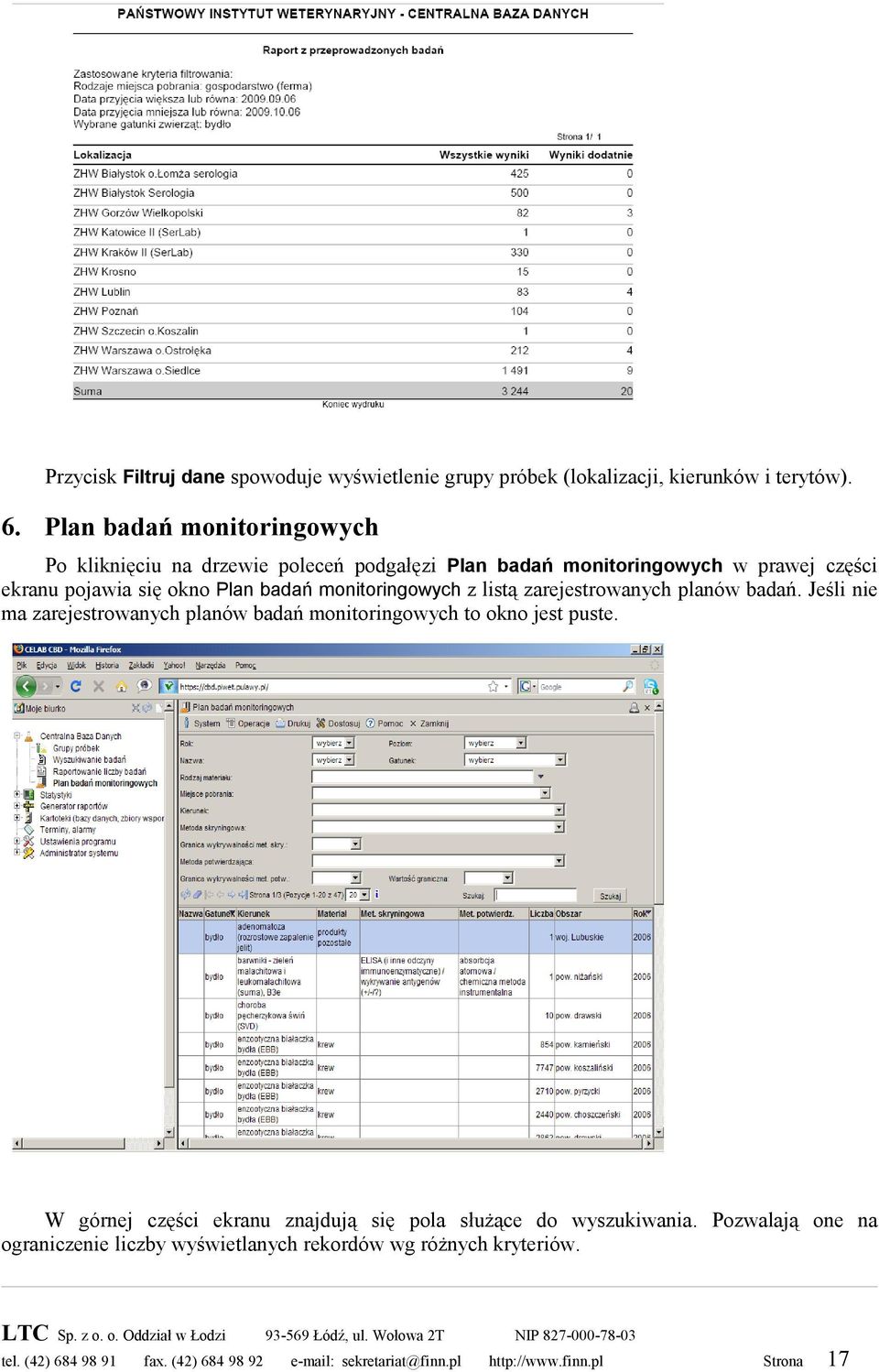 okno Plan badań monitoringowych z listą zarejestrowanych planów badań.