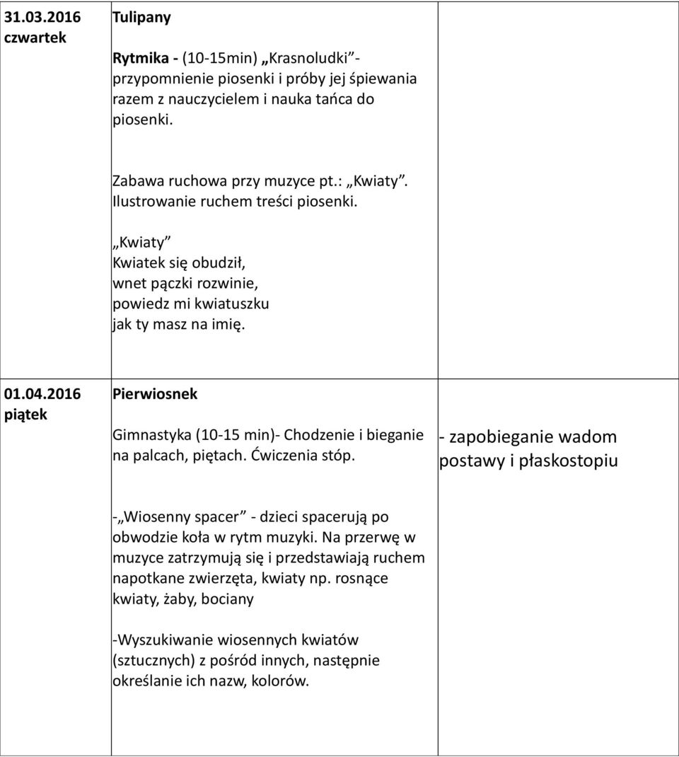 2016 piątek Pierwiosnek Gimnastyka (10-15 min)- Chodzenie i bieganie na palcach, piętach. Ćwiczenia stóp.