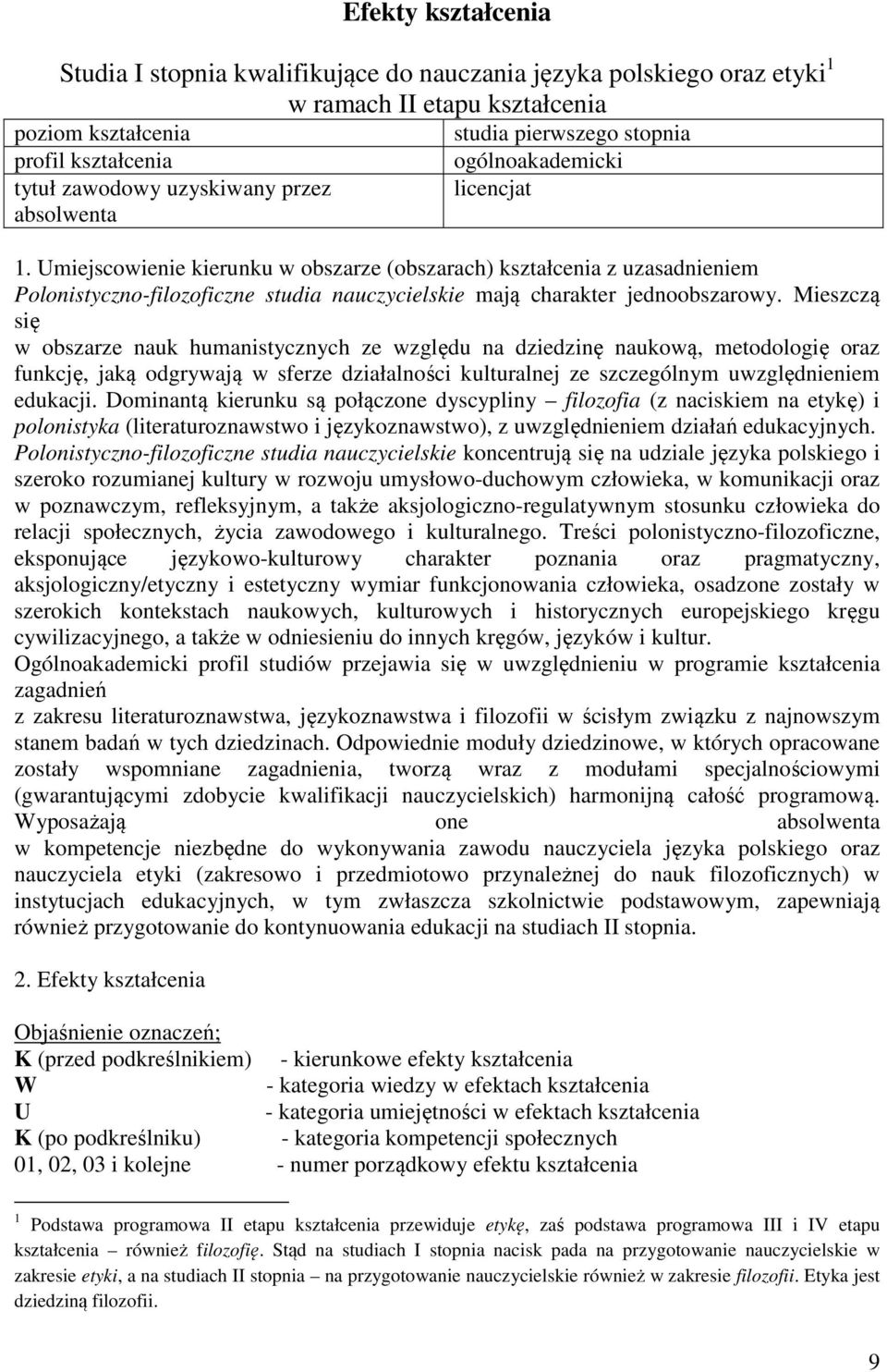 Umiejscowienie kierunku w obszarze (obszarach) kształcenia z uzasadnieniem Polonistyczno-filozoficzne studia nauczycielskie mają charakter jednoobszarowy.