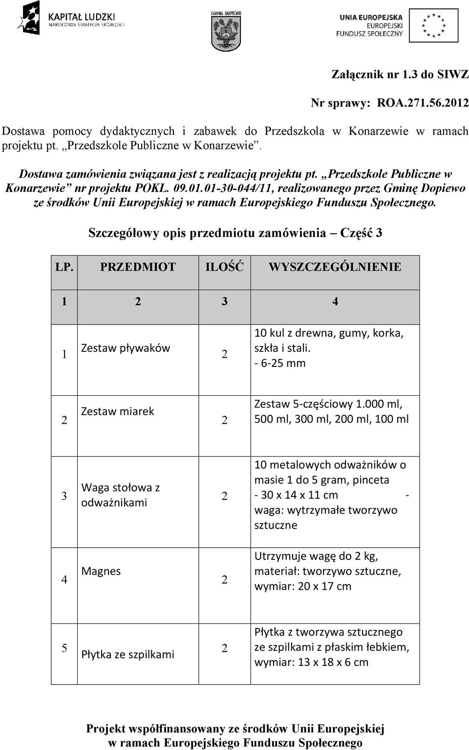 Szczegółowy opis przedmiotu zamówienia Część 3 LP. PRZEDMIOT ILOŚĆ WYSZCZEGÓLNIENIE 1 3 4 1 Zestaw pływaków 10 kul z drewna, gumy, korka, szkła i stali. - 6-5 mm Zestaw miarek Zestaw 5-częściowy 1.