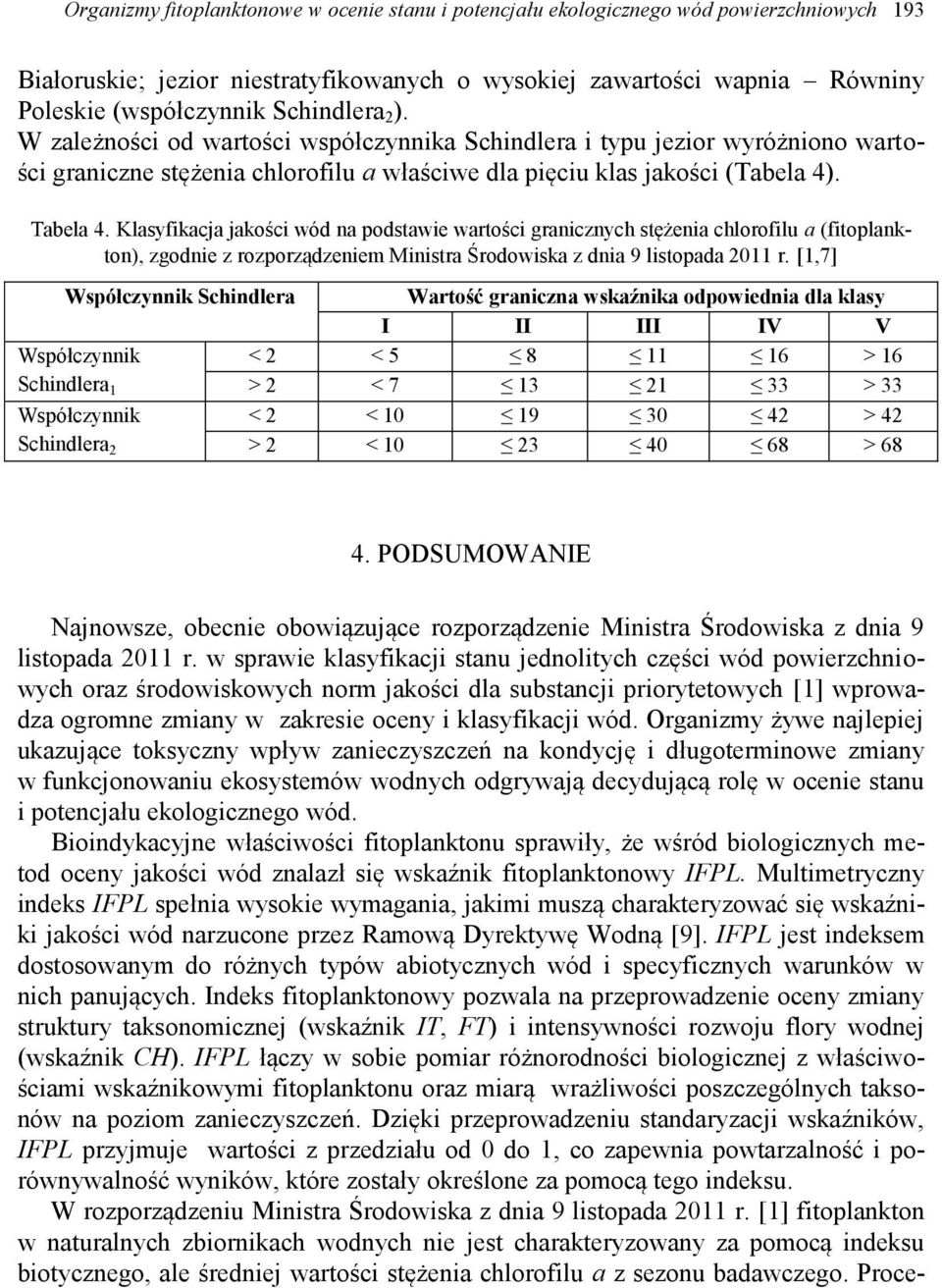 Klasyfikacja jakości wód na podstawie wartości granicznych stężenia chlorofilu a (fitoplankton), zgodnie z rozporządzeniem Ministra Środowiska z dnia 9 listopada 2011 r.