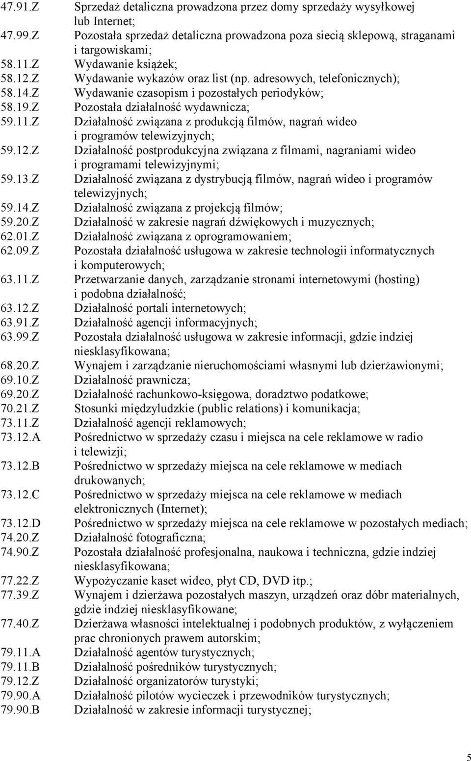 Z 77.22.Z 77.39.Z 77.40.Z 79.11.A 79.11.B 79.12.Z 79.90.