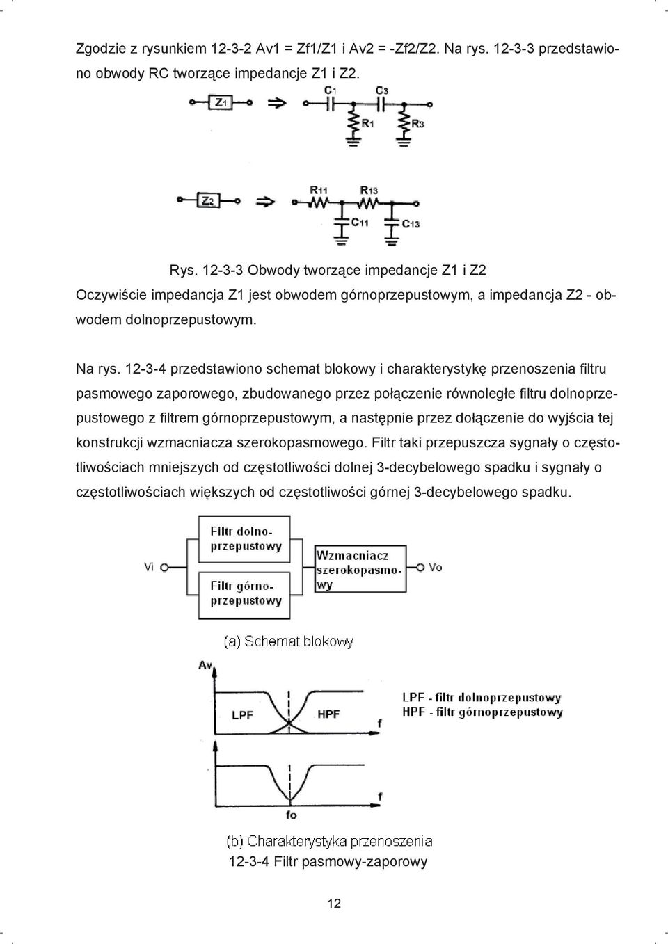 12-3-4 przedstawiono schemat blokowy i charakterystyk przenoszenia filtru pasmowego zaporowego, zbudowanego przez po czenie równoleg e filtru dolnoprzepustowego z filtrem górnoprzepustowym, a nast