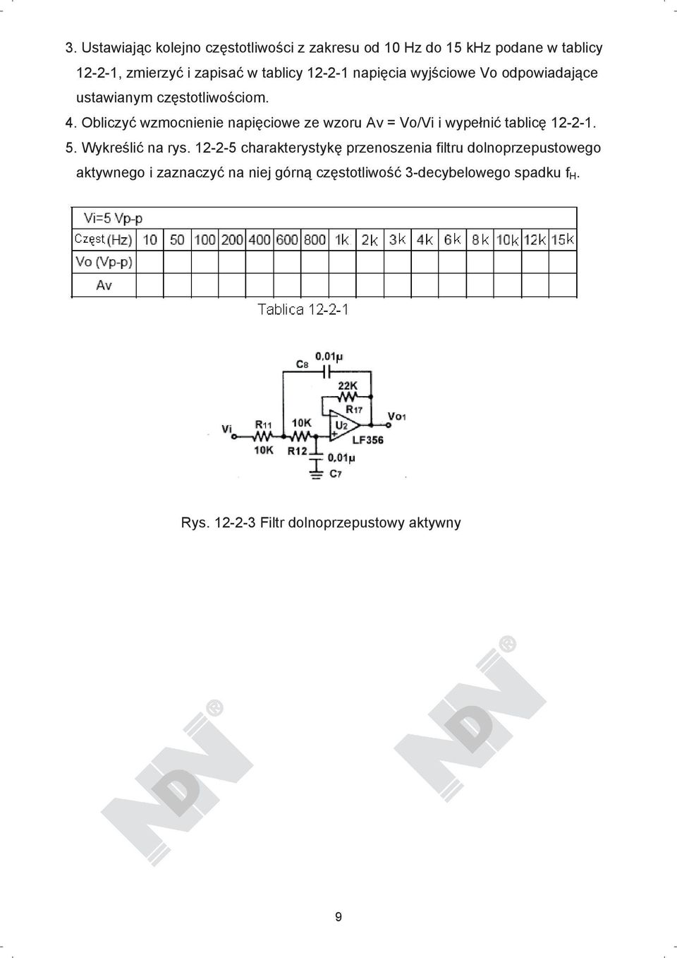 Obliczy wzmocnienie napi ciowe ze wzoru Av = Vo/Vi i wype ni tablic 12-2-1. 5. Wykre li na rys.