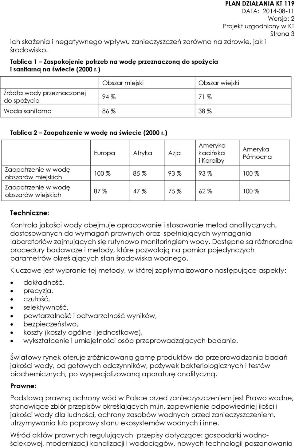 ) Źródła wody przeznaczonej do spożycia Obszar miejski 94 % 71 % Woda sanitarna 86 % 38 % Obszar wiejski Tablica 2 Zaopatrzenie w wodę na świecie (2000 r.