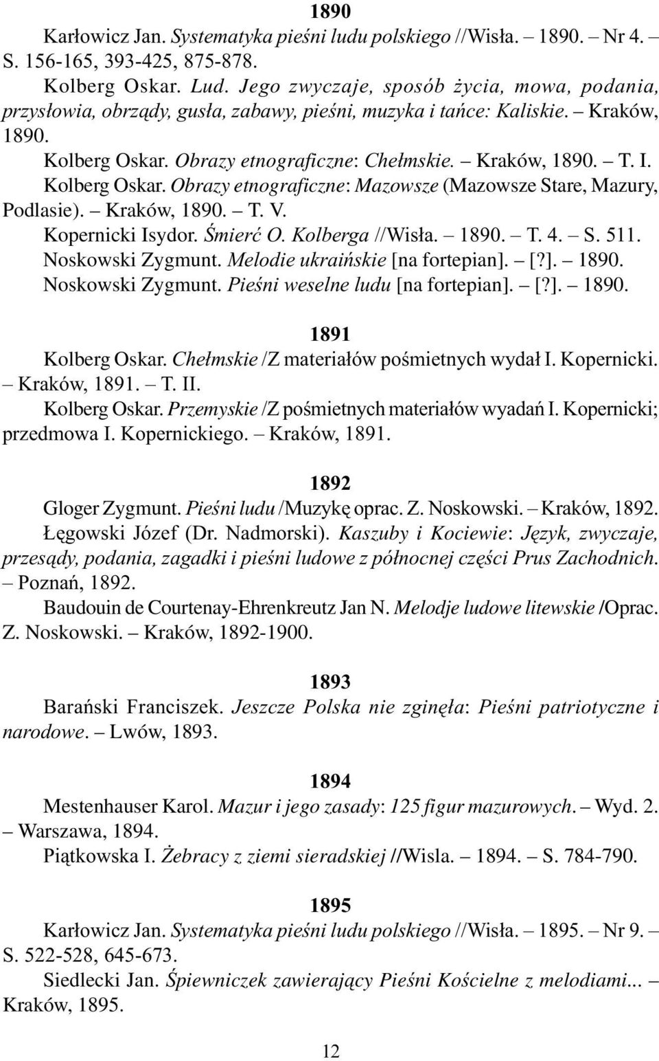 Kolberg Oskar. Obrazy etnograficzne: Mazowsze (Mazowsze Stare, Mazury, Podlasie). Kraków, 1890. T. V. Kopernicki Isydor. Œmieræ O. Kolberga //Wis³a. 1890. T. 4. S. 511. Noskowski Zygmunt.