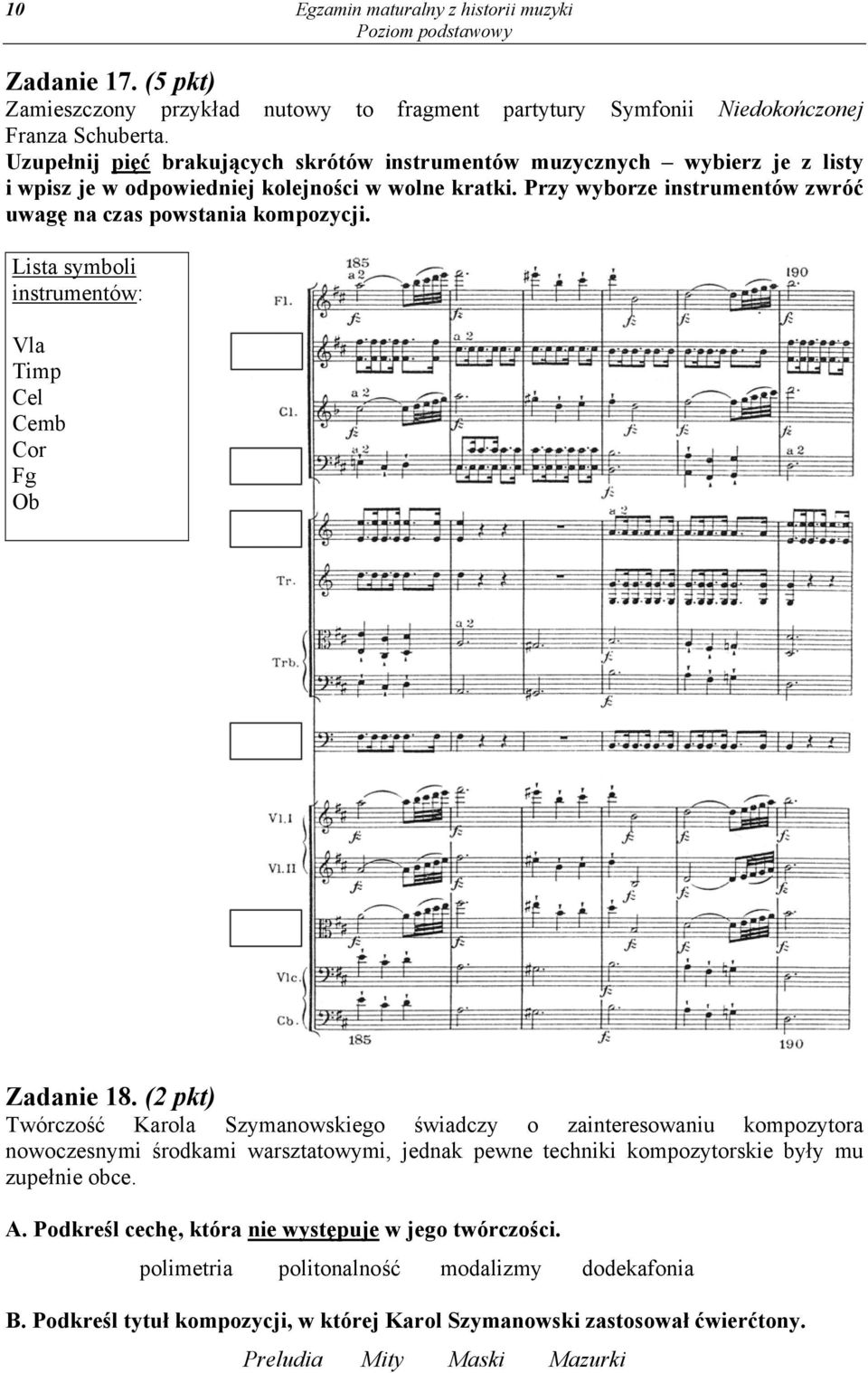 Lista symboli instrumentów: Vla Timp Cel Cemb Cor Fg Ob Zadanie 18.