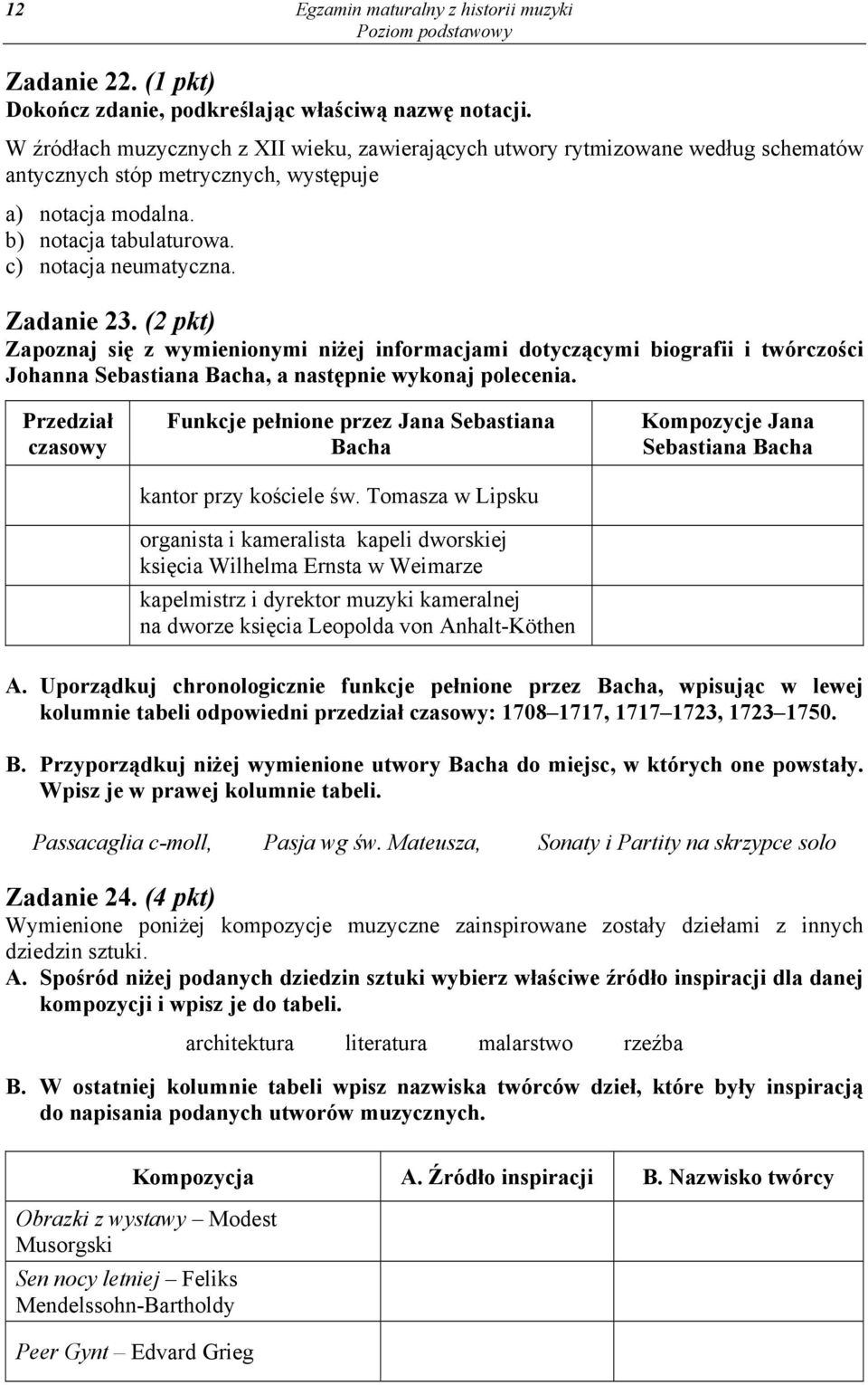 Zadanie 23. (2 pkt) Zapoznaj się z wymienionymi niżej informacjami dotyczącymi biografii i twórczości Johanna Sebastiana Bacha, a następnie wykonaj polecenia.