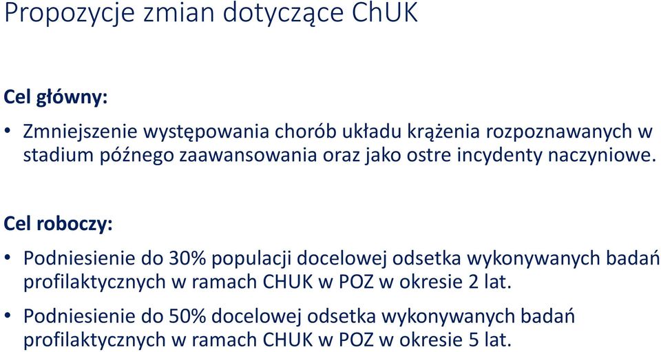 Cel roboczy: Podniesienie do 30% populacji docelowej odsetka wykonywanych badań profilaktycznych w ramach