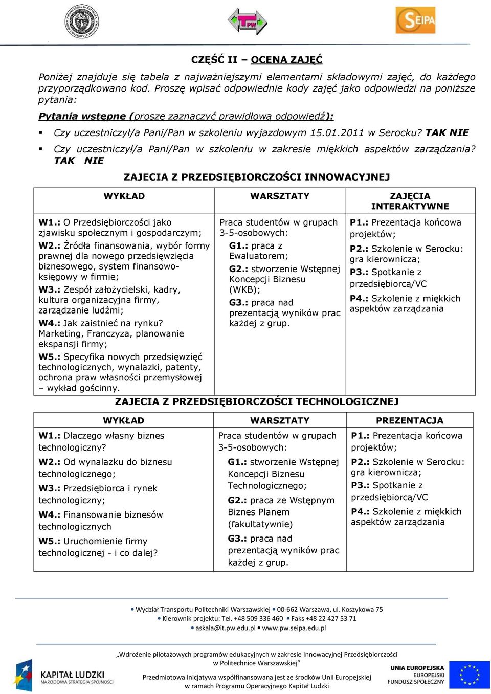 TAK NIE Czy uczestniczył/a Pani/Pan w szkoleniu w zakresie miękkich aspektów zarządzania? TAK NIE ZAJECIA Z PRZEDSIĘBIORCZOŚCI INNOWACYJNEJ WYKŁAD WARSZTATY ZAJĘCIA INTERAKTYWNE W1.