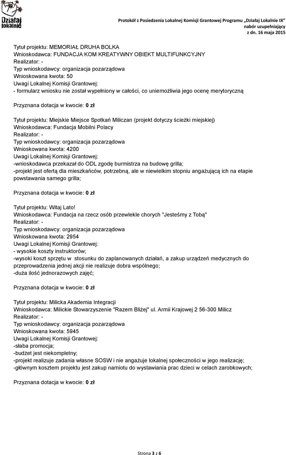 burmistrza na budowę grilla; -projekt jest ofertą dla mieszkańców, potrzebną, ale w niewielkim stopniu angażującą ich na etapie powstawania samego grilla; Tytuł projektu: Witaj Lato!