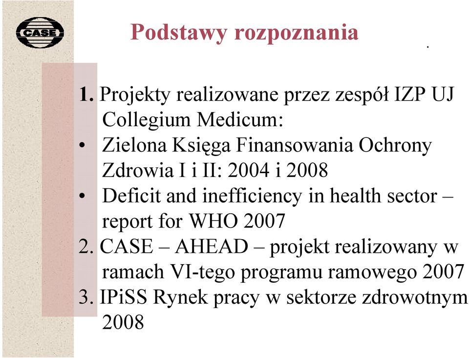 Finansowania Ochrony Zdrowia I i II: 2004 i 2008 Deficit and inefficiency in