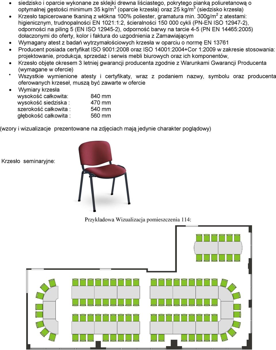 300g/m 2 z atestami: higienicznym, trudnopalności EN 1021:1:2, ścieralności 150 000 cykli (PN-EN ISO 12947-2), odporności na piling 5 (EN ISO 12945-2), odporność barwy na tarcie 4-5 (PN EN