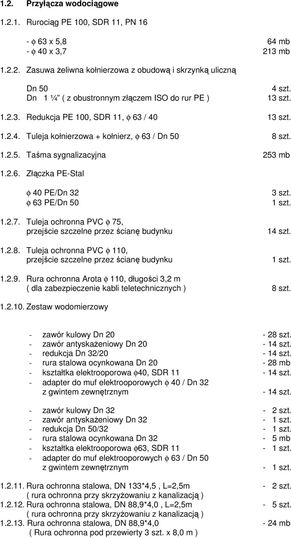 2.6. Złączka PE-Stal φ 40 PE/Dn 32 3 szt. φ 63 PE/Dn 50 1 szt. 1.2.7. Tuleja ochronna PVC φ 75, przejście szczelne przez ścianę budynku 14 szt. 1.2.8.