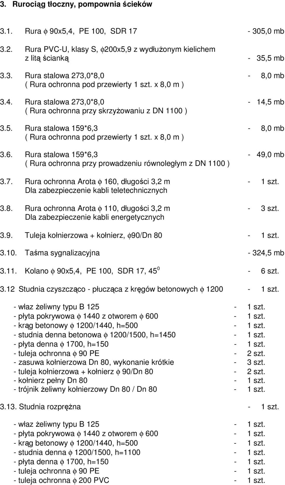 3-8,0 mb ( Rura ochronna pod przewierty 1 szt. x 8,0 m ) 3.6. Rura stalowa 159*6,3-49,0 mb ( Rura ochronna przy prowadzeniu równoległym z DN 1100 ) 3.7.