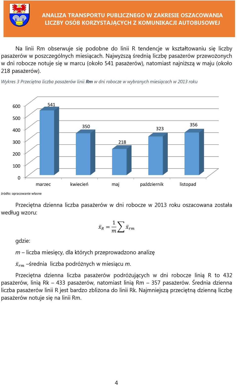 Wykres Przeciętna liczba pasażerów linii Rm w dni robocze w wybranych miesiącach w 21 roku 6 541 5 4 5 2 56 218 2 1 marzec kwiecień maj październik listopad źródło: opracowanie własne Przeciętna