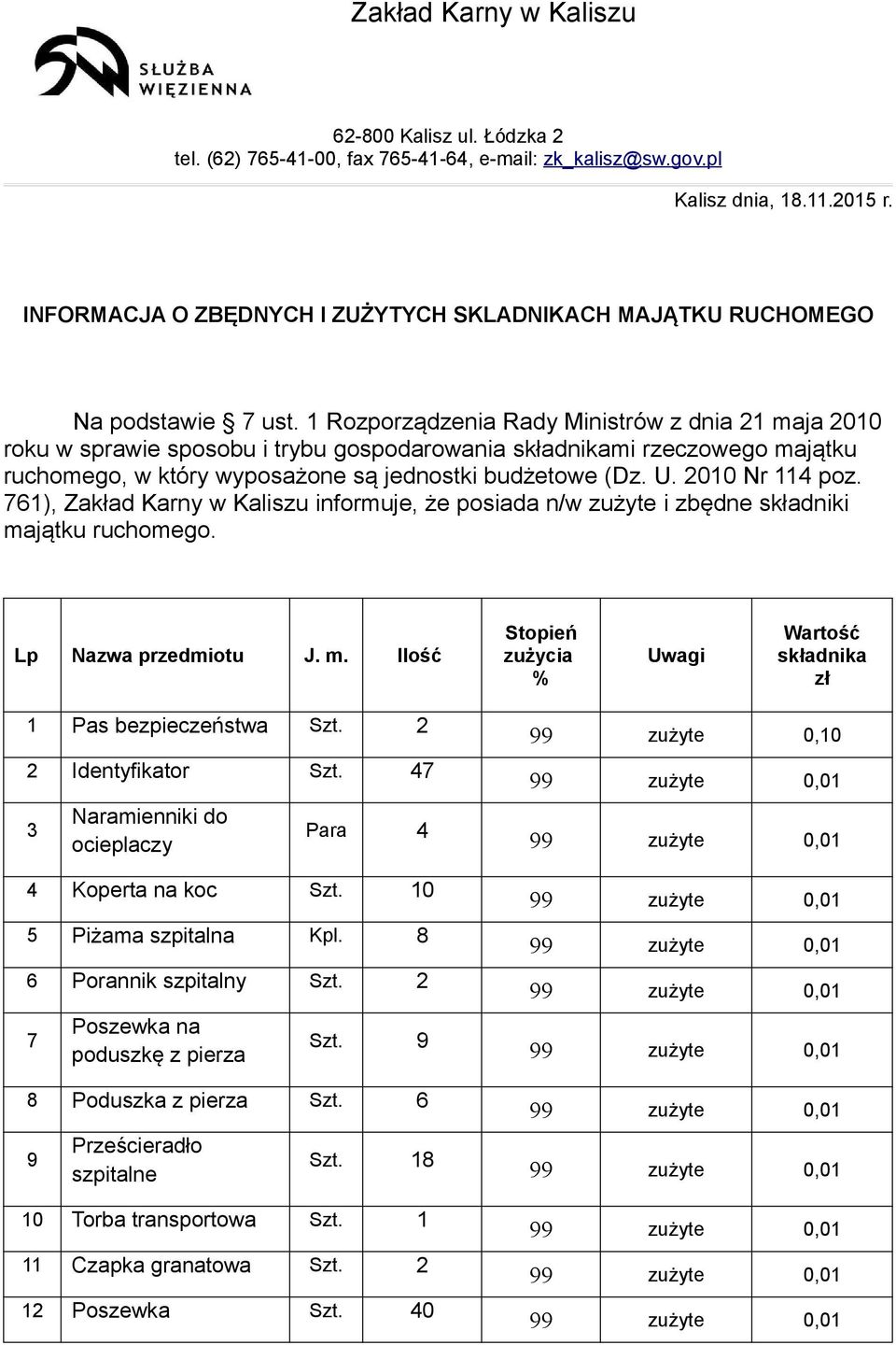 1 Rozporządzenia Rady Ministrów z dnia 21 maja 2010 roku w sprawie sposobu i trybu gospodarowania składnikami rzeczowego majątku ruchomego, w który wyposażone są jednostki budżetowe (Dz. U.