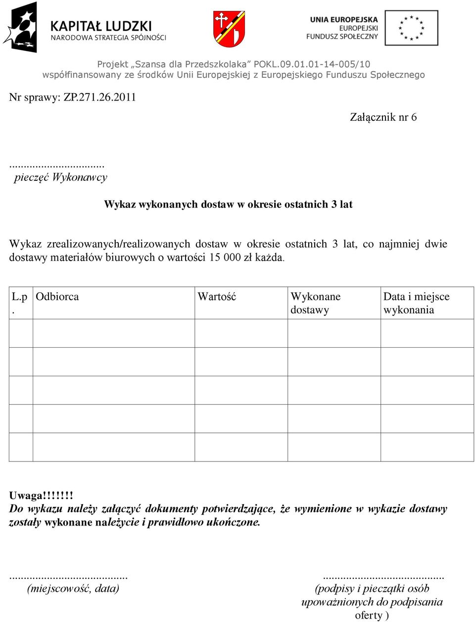 lat, co najmniej dwie dostawy materiałów biurowych o wartości 15 000 zł każda. L.p.
