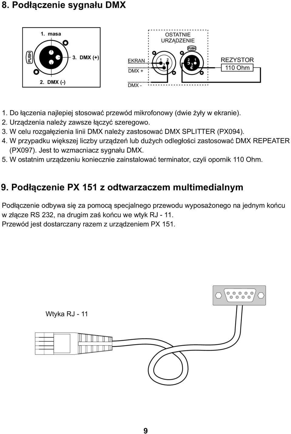 W przypadku większej liczby urządzeń lub dużych odległości zastosować DMX REPEATER (PX97). Jest to wzmacniacz sygnału DMX. 5.