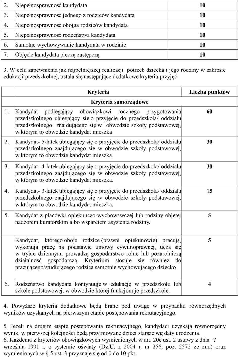 W celu zapewnienia jak najpełniejszej realizacji potrzeb dziecka i jego rodziny w zakresie edukacji przedszkolnej, ustala się następujące dodatkowe kryteria przyjęć: Kryteria Kryteria samorządowe 1.