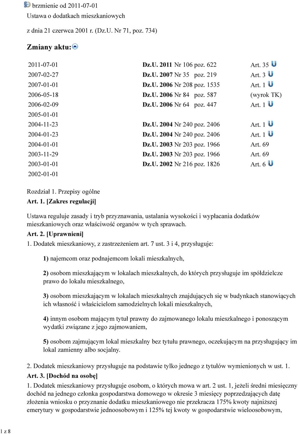 2406 Art. 1 2004-01-23 Dz.U. 2004 Nr 240 poz. 2406 Art. 1 2004-01-01 Dz.U. 2003 Nr 203 poz. 1966 Art. 69 2003-11-29 Dz.U. 2003 Nr 203 poz. 1966 Art. 69 2003-01-01 Dz.U. 2002 Nr 216 poz. 1826 Art.