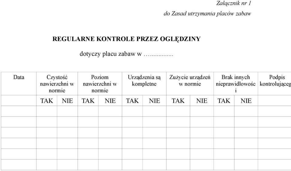 .. Data Czystość nawierzchni w normie Poziom nawierzchni w normie Urządzenia