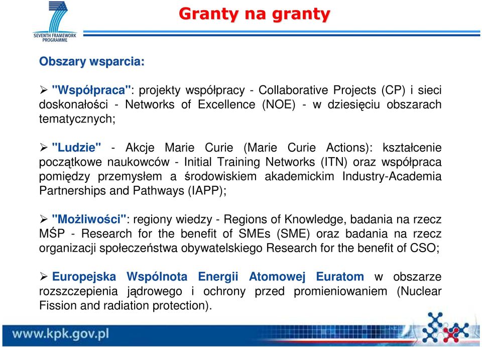 Partnerships and Pathways (IAPP); "MoŜliwości": regiony wiedzy - Regions of Knowledge, badania na rzecz MŚP - Research for the benefit of SMEs (SME) oraz badania na rzecz organizacji