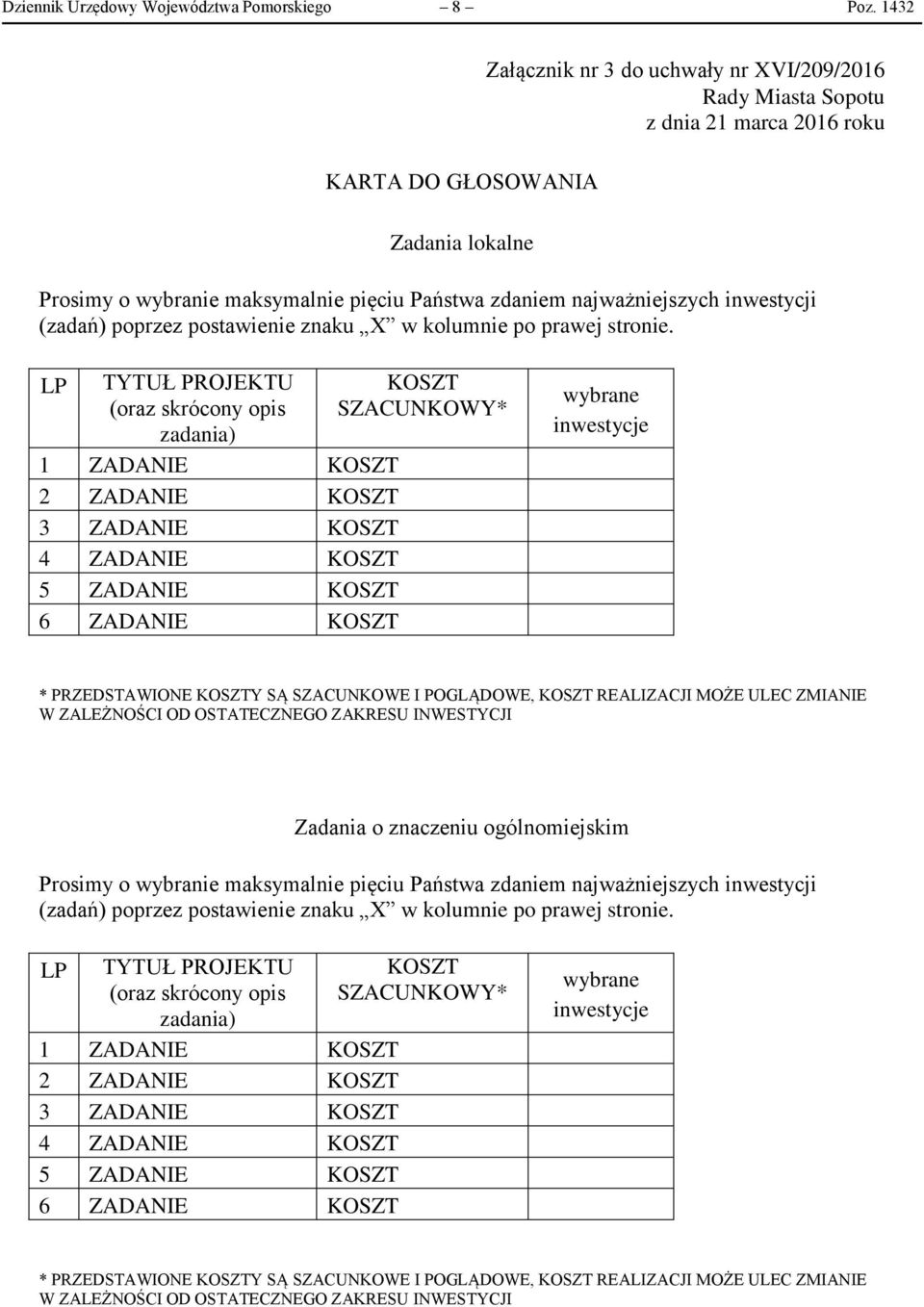 inwestycji (zadań) poprzez postawienie znaku X w kolumnie po prawej stronie.