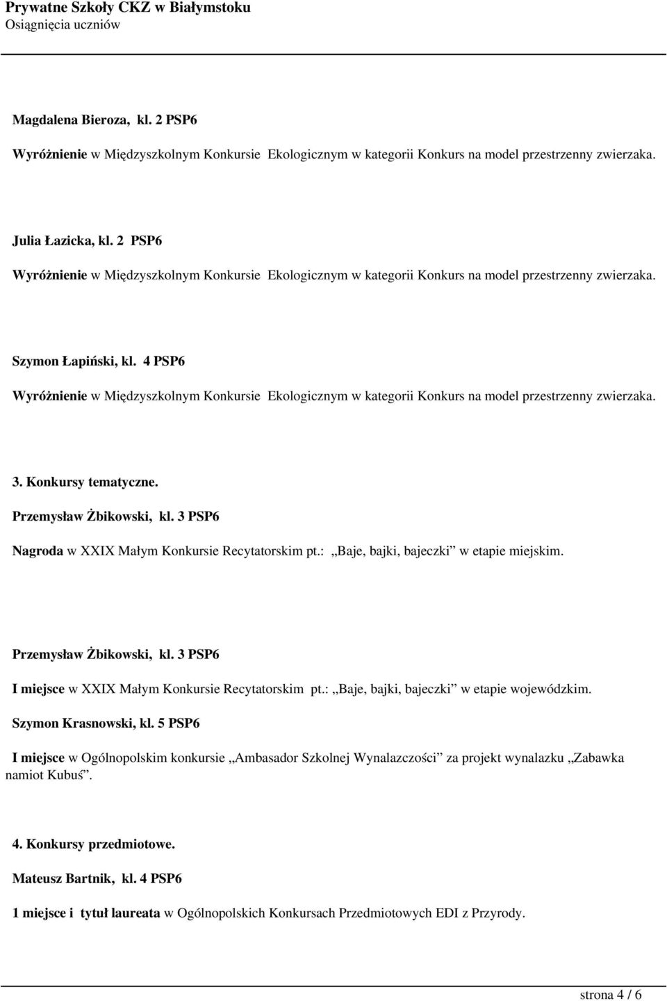 4 PSP6 Wyróżnienie w Międzyszkolnym Konkursie Ekologicznym w kategorii Konkurs na model przestrzenny zwierzaka. 3. Konkursy tematyczne. Nagroda w XXIX Małym Konkursie Recytatorskim pt.