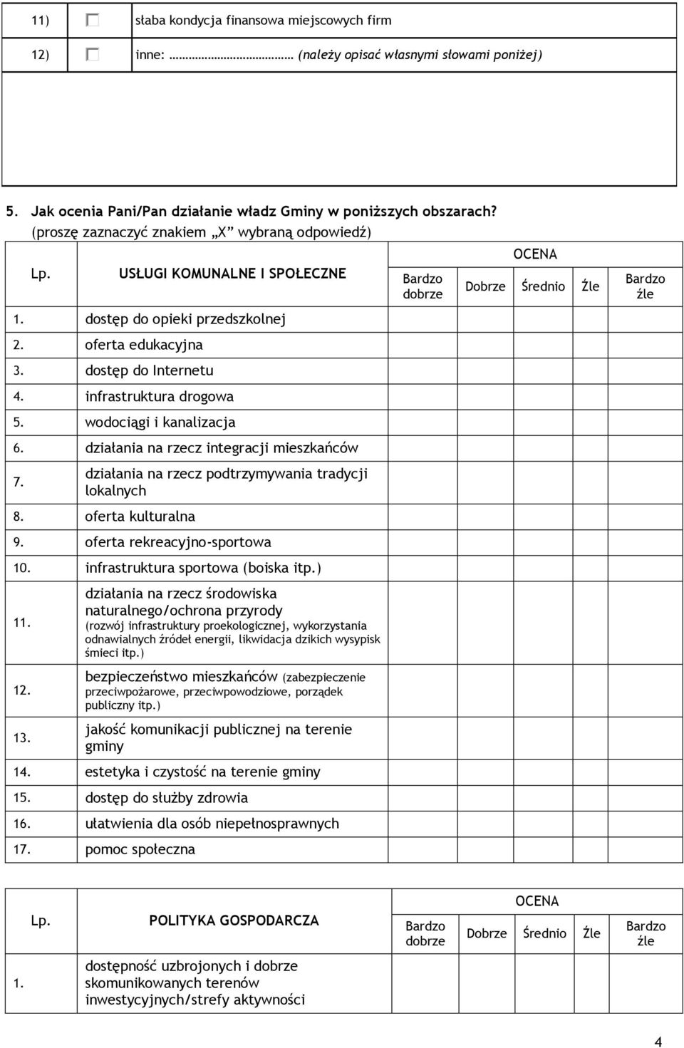 infrastruktura drogowa 5. wodociągi i kanalizacja 6. działania na rzecz integracji mieszkańców 7. działania na rzecz podtrzymywania tradycji lokalnych 8. oferta kulturalna 9.