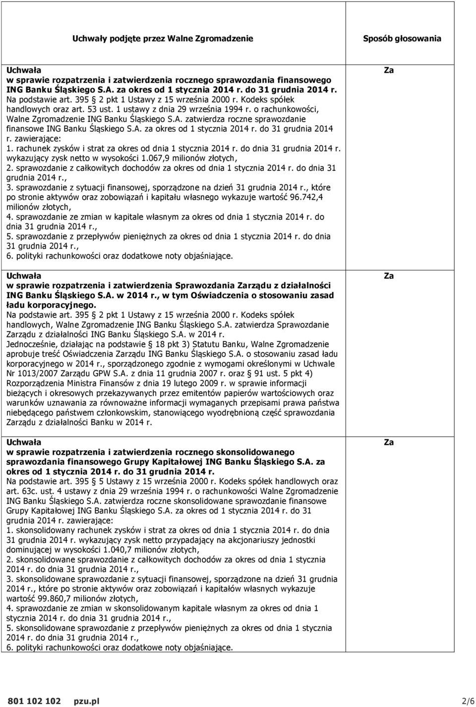 o rachunkowości, Walne Zgromadzenie ING Banku Śląskiego S.A. zatwierdza roczne sprawozdanie finansowe ING Banku Śląskiego S.A. za okres od 1 stycznia 2014 r. do 31 grudnia 2014 r. zawierające: 1.