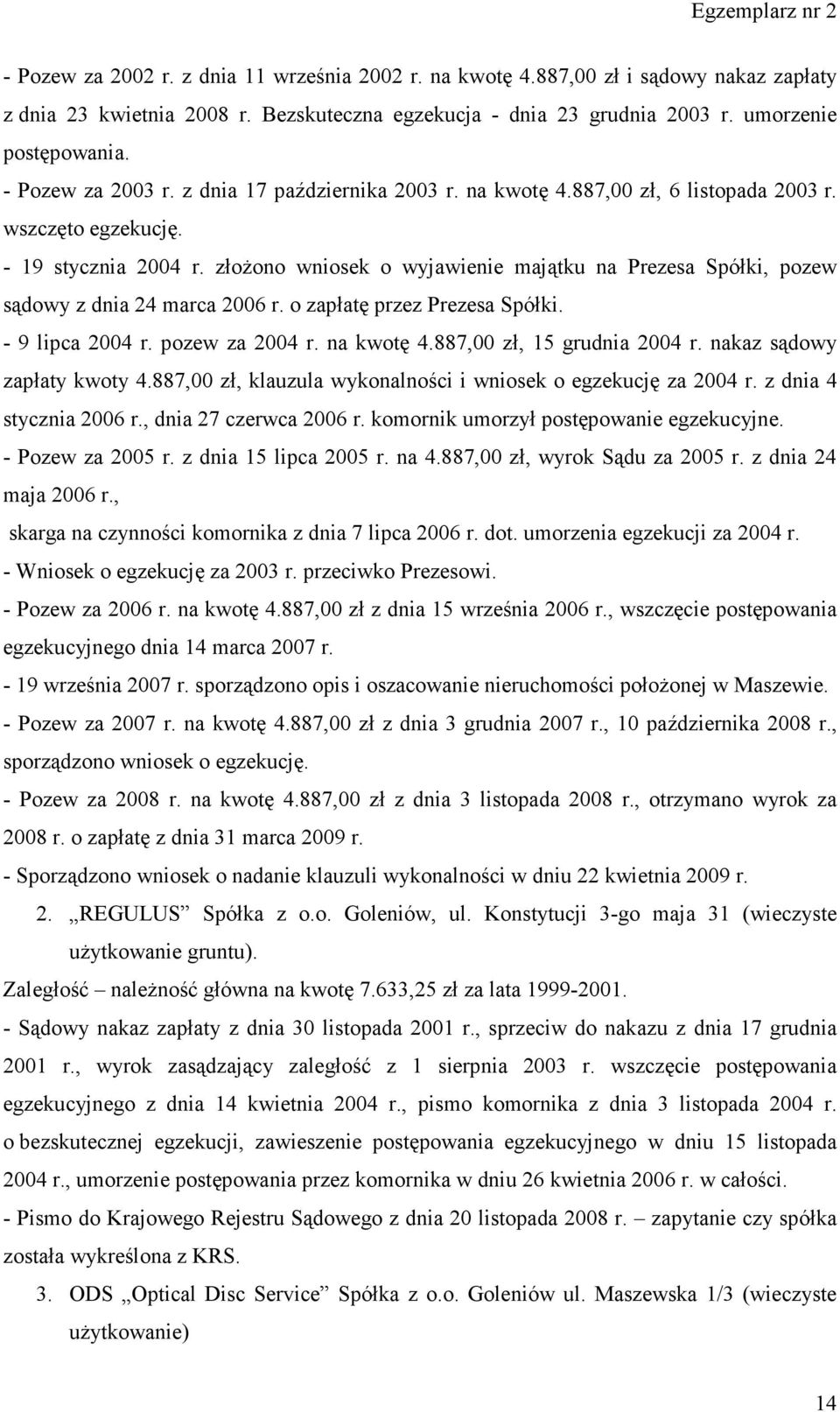 złożono wniosek o wyjawienie majątku na Prezesa Spółki, pozew sądowy z dnia 24 marca 2006 r. o zapłatę przez Prezesa Spółki. - 9 lipca 2004 r. pozew za 2004 r. na kwotę 4.887,00 zł, 15 grudnia 2004 r.