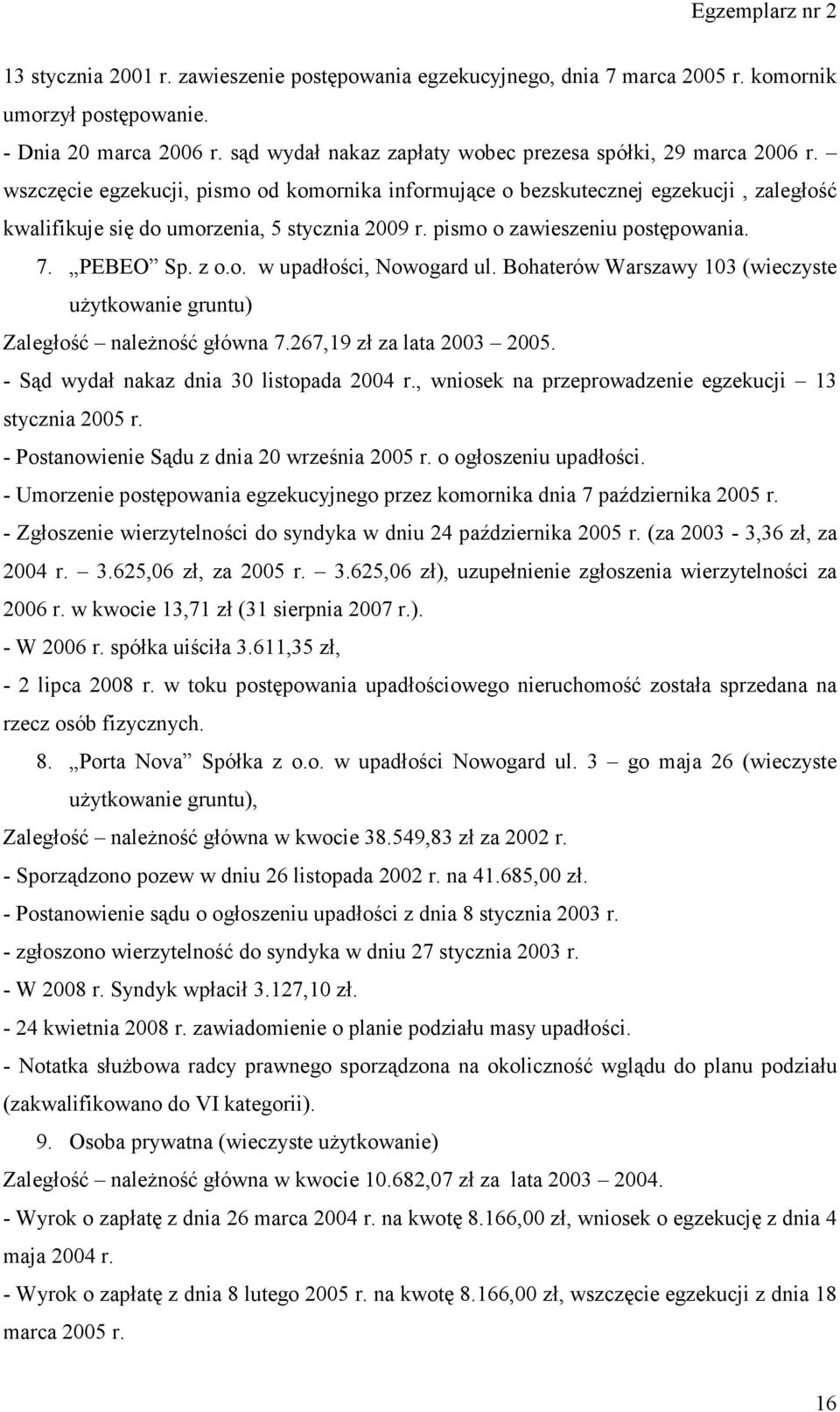 Bohaterów Warszawy 103 (wieczyste użytkowanie gruntu) Zaległość należność główna 7.267,19 zł za lata 2003 2005. - Sąd wydał nakaz dnia 30 listopada 2004 r.