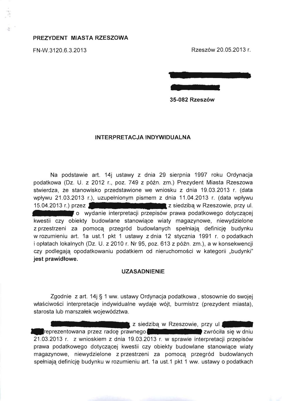 04.2013 r.) przez z siedzibq w Rzeszowie, przy ul.