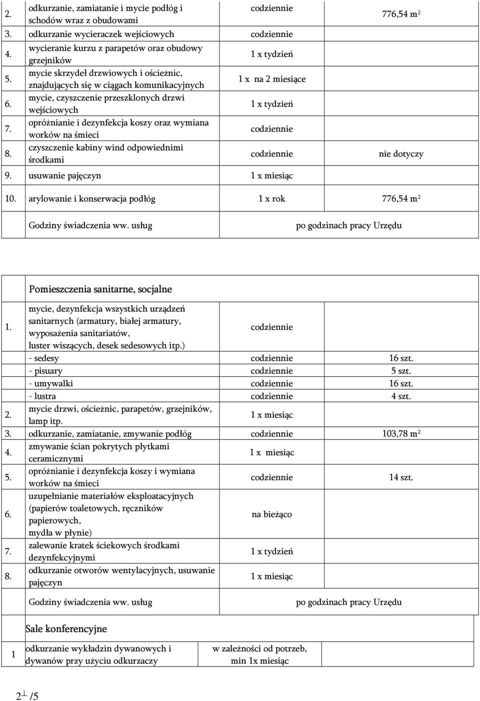 przeszklonych drzwi wejściowych opróżnianie i dezynfekcja koszy oraz wymiana czyszczenie kabiny wind odpowiednimi środkami x na 2 miesiące 9. usuwanie pajęczyn 776, m 2 nie dotyczy 0.