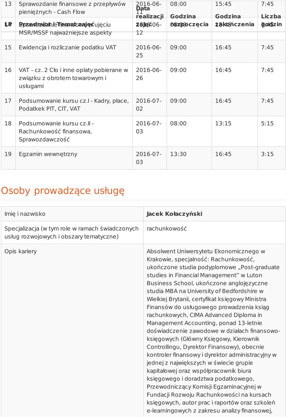 2 Cło i inne oplaty pobierane w związku z obrotem towarowym i usługami 17 Podsumowanie kursu cz.i - Kadry, płace, Podatkek PIT, CIT, VAT 18 Podsumowanie kursu cz.