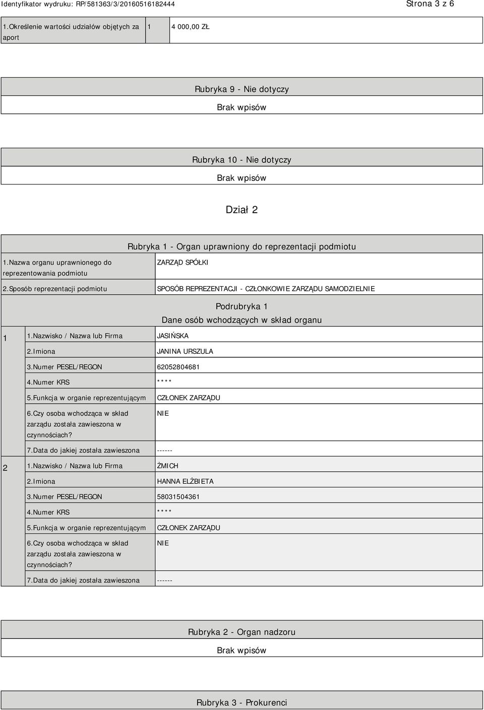 Nazwisko / Nazwa lub Firma JASIŃSKA Podrubryka 1 Dane osób wchodzących w skład organu JANINA URSZULA 3.Numer PESEL/REGON 62052804681 4.Numer KRS **** 5.Funkcja w organie reprezentującym 6.