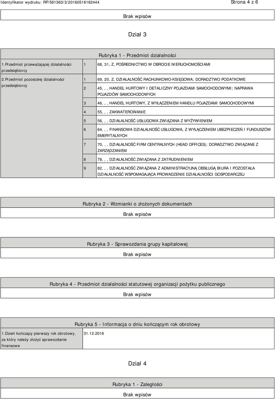 DETALICZNY POJAZDAMI SAMOCHODOWYMI; NAPRAWA POJAZDÓW SAMOCHODOWYCH 3 46,,, HANDEL HURTOWY, Z WYŁĄCZEM HANDLU POJAZDAMI SAMOCHODOWYMI 4 55,,, ZAKWATEROWA 5 56,,, DZIAŁALNOŚĆ USŁUGOWA ZWIĄZANA Z