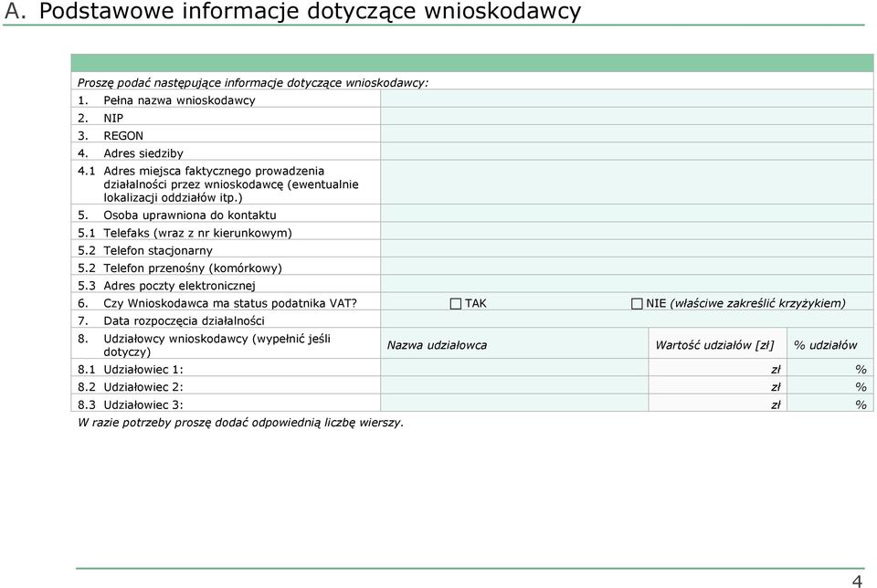 2 Telefon stacjonarny 5.2 Telefon przenośny (komórkowy) 5.3 Adres poczty elektronicznej 6. Czy Wnioskodawca ma status podatnika VAT? TAK NIE (właściwe zakreślić krzyŝykiem) 7.